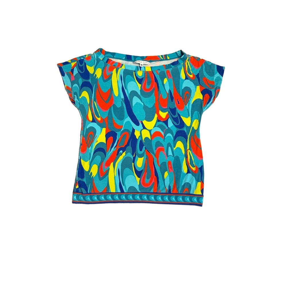 Trina Turk Top Size M Short Sleeves Stretch Fitted Colorful Maximalism Mod 70s